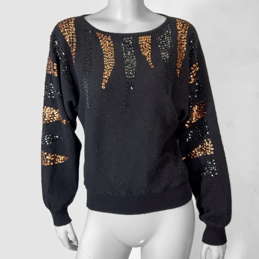 VTG 80s Black Sequin Sweater Womens M Angora Lambswool Glam Mob Wife